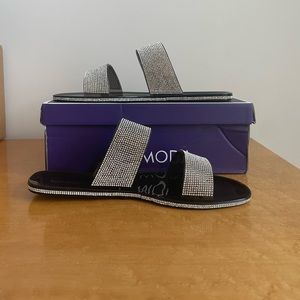 TOP Moda Women's Double Strap Rhinestone Open Toe Flat Slide Slip On Sandals